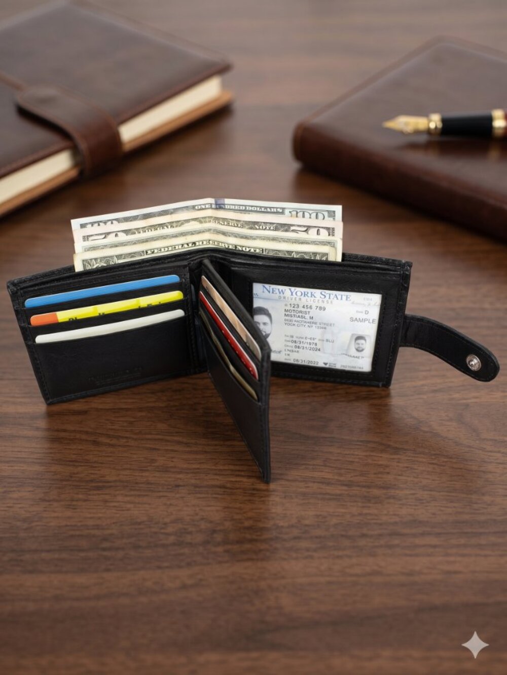 Men Wallet, Lambskin Leather Bifold Black Wallet